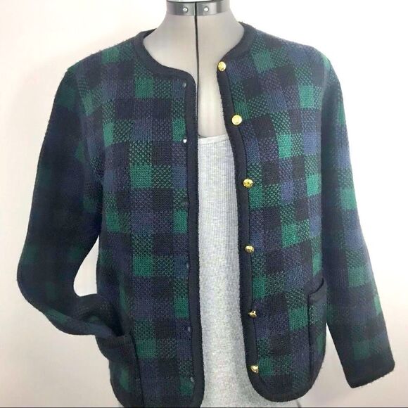 Crystal-Kobe early 2000’s Navy and Green Plaid Soft Knit Blazer Jacket - Picture 3 of 12